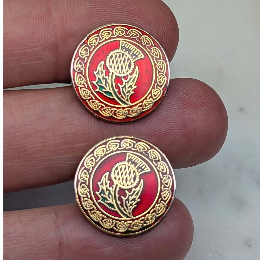 Scottish Thistle Cufflinks Mens Red Enamel Gold Tone Celtic Knot Border